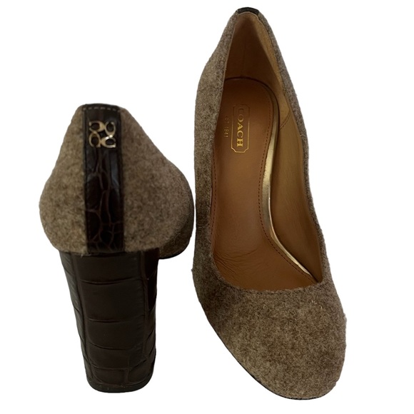 COACH Ophelia Taupe Wool Fabric Brown Leather Croc Embossed Pumps Size 6B - Picture 4 of 11